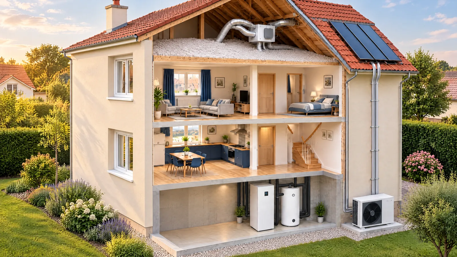 Maison après rénovation énergétique : isolation extérieure, capteurs solaires, pompe à chaleur, combles isolés