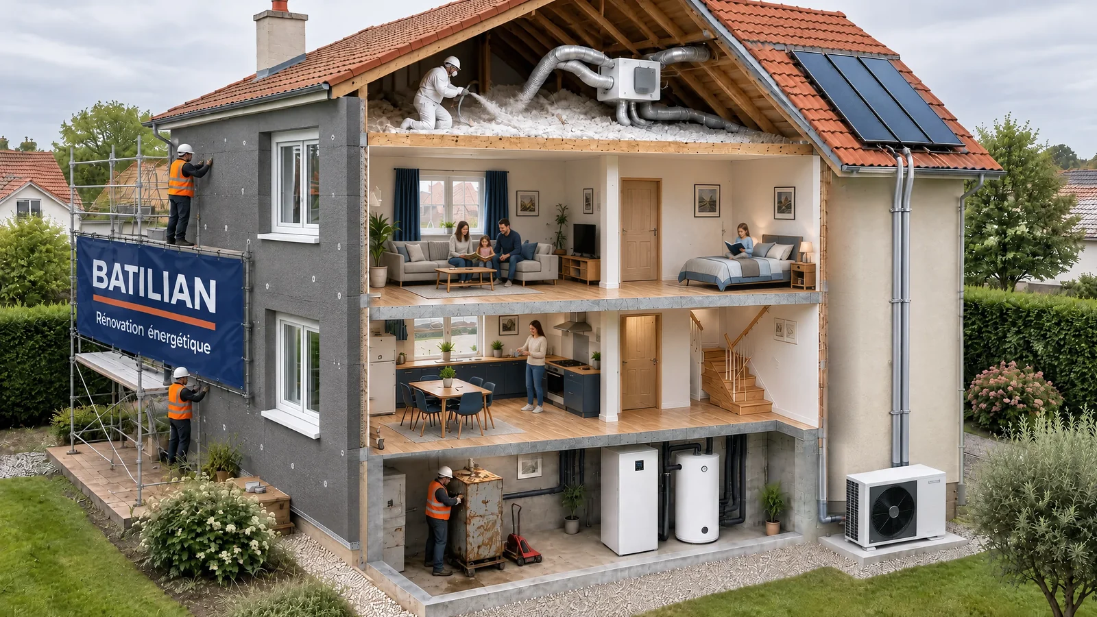 Maison individuelle en coupe pendant une rénovation énergétique complète, avec la famille chez elle : isolation extérieure, fenêtres, combles, ventilation, pompe à chaleur et solaire thermique