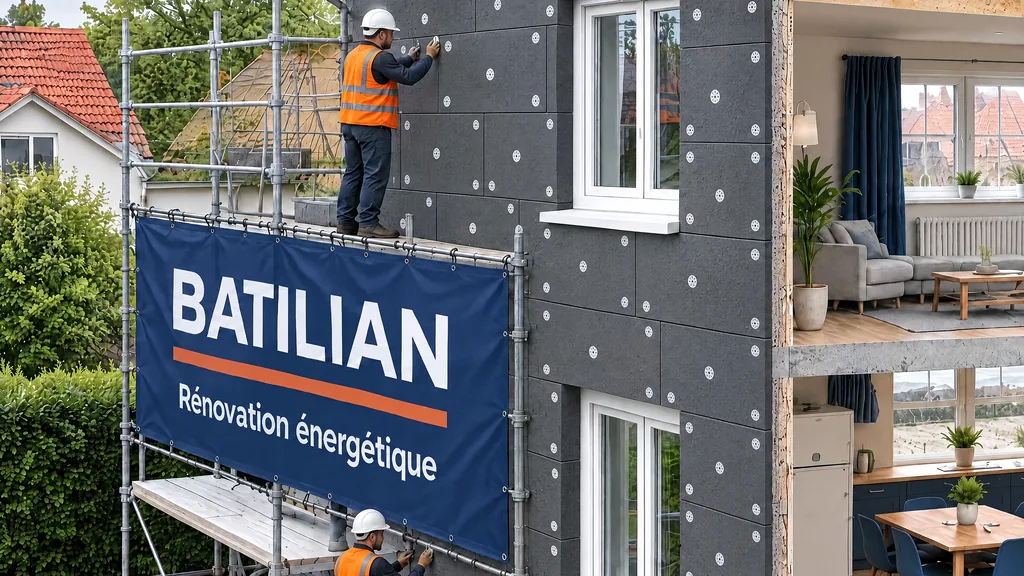 Façaders sur échafaudage posant des panneaux isolants, bâche BATILIAN