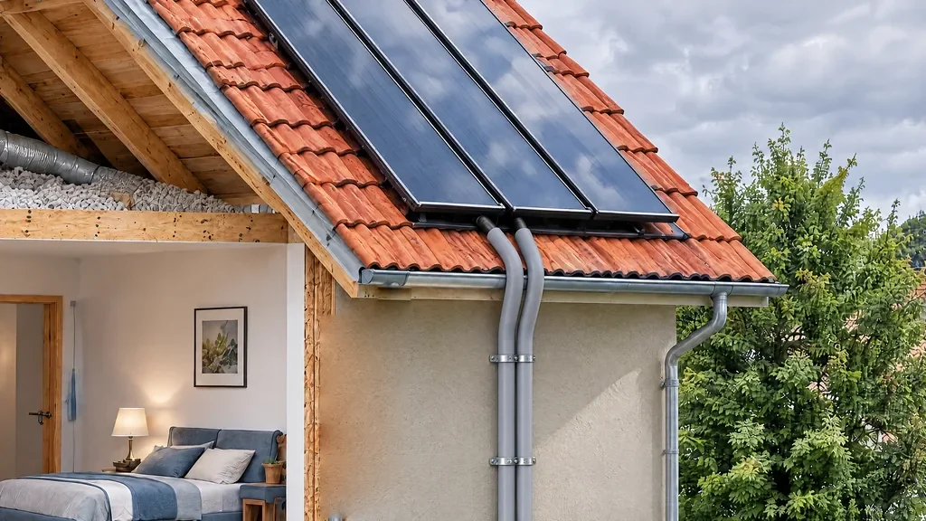 Capteurs solaires thermiques sur la toiture et ballon solaire