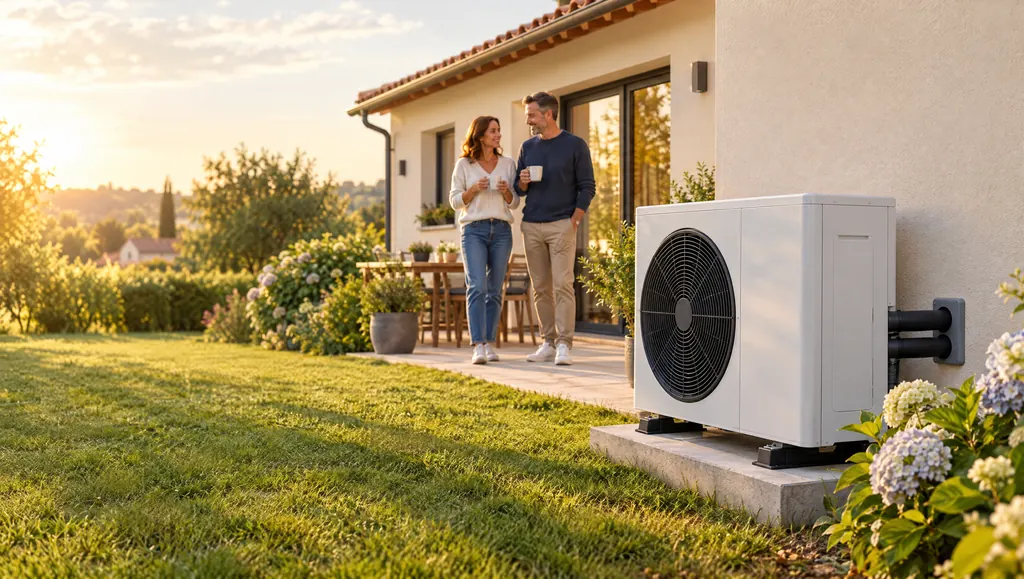 Pompe à chaleur air/eau installée devant une maison rénovée, un couple sur la terrasse